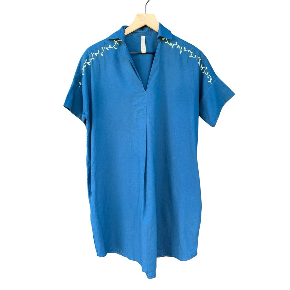 Mata Traders Blue Embroidered Tunic Dress Pockets XS